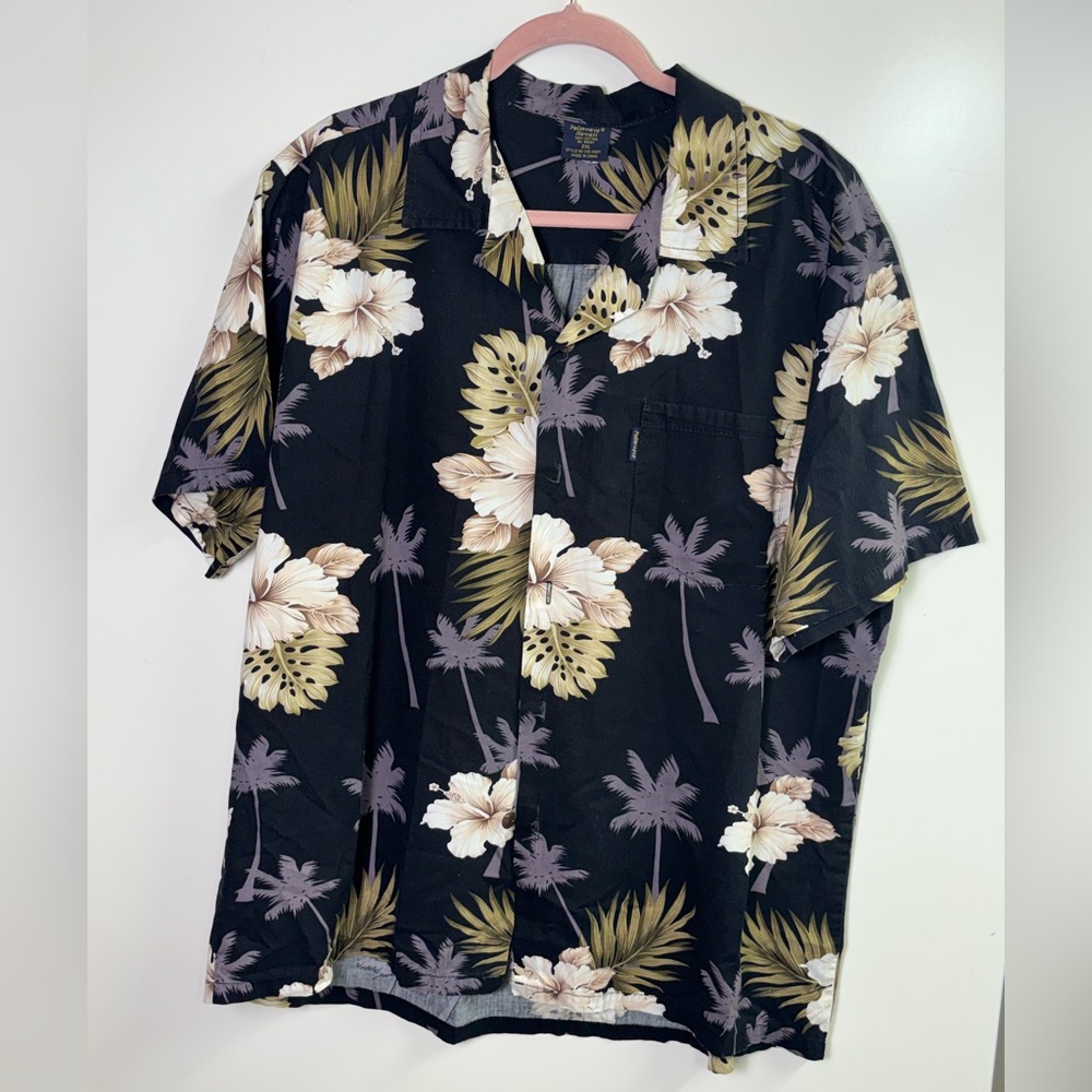 Palmwave Hawaii 2XL Hawaiian Shirt Black Hibiscus Palm Tree Floral Cotton